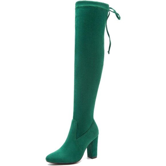 Women Green Suede Leather Pointed Toe Zipper Over The Knee Thigh High Long Boots - Picture 1 of 6